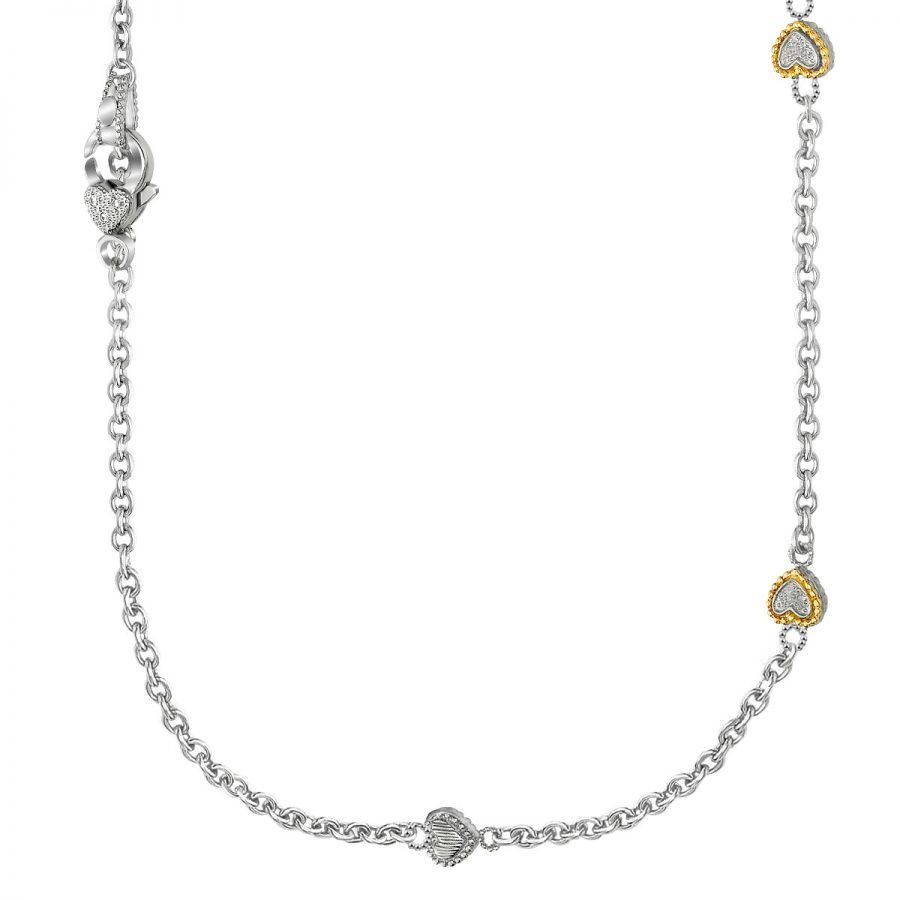 Designer Sterling Silver and 14K Yellow Gold Pave Diamond Heart Station Necklace
