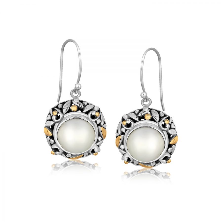 18K Yellow Gold and Sterling Silver Pearl Drop Earrings with Leaf Ornaments