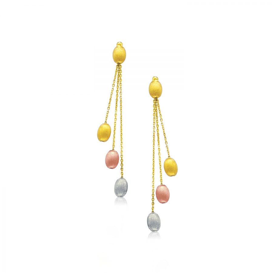 14K Tri-Color Gold Multi Chain Pebble Motif Dangling Earrings