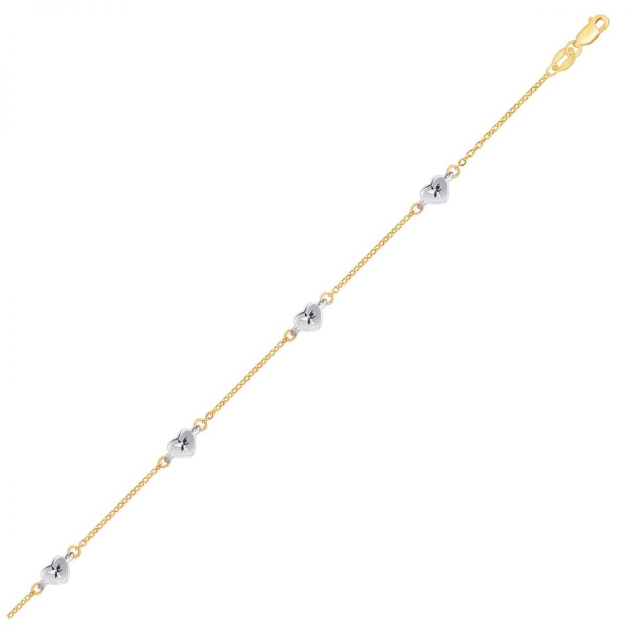14K Two Tone Gold Anklet with Diamond Cut Heart Style Stations