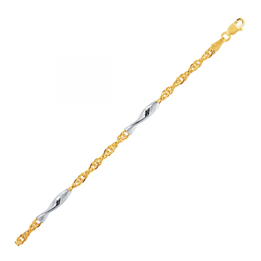 14K Two-Tone Gold Rope Bracelet with Polished Spiral Bar Stations