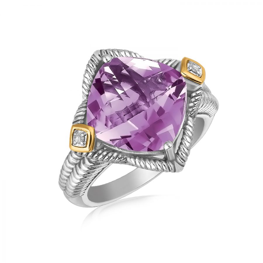 18K Yellow Gold and Sterling Silver Cushion Amethyst and Diamond Accent Ring