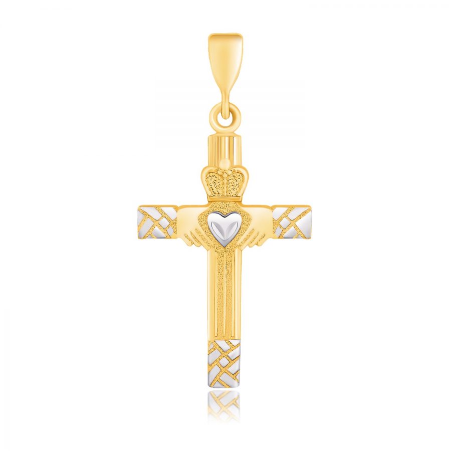 14K Two-Tone Gold Cross Pendant with a Claddagh Motif