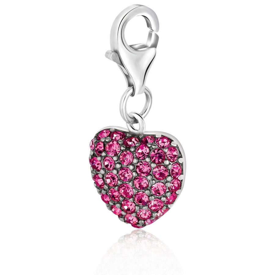 Sterling Silver Heart Charm Embellished with Pink Tone Crystal Accents