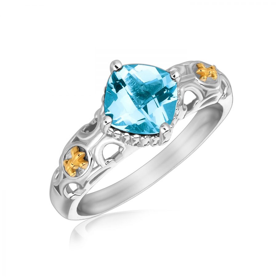 18K Yellow Gold and Sterling Silver Blue Topaz Ring with Fleur De Lis Accents