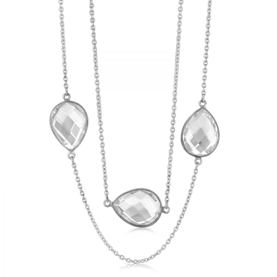Sterling Silver Rhodium Plated Necklace with Teardrop Rock Crystal Stations
