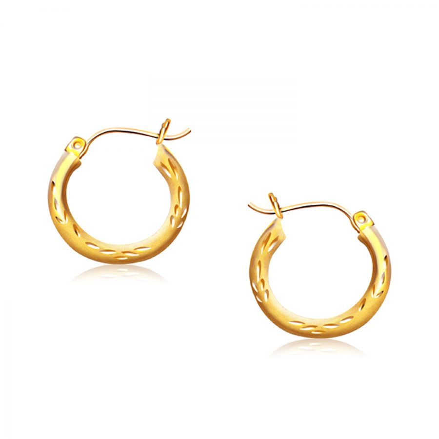 14K Yellow Gold Fancy Diamond Cut Hoop Earrings (5/8 inch Diameter)