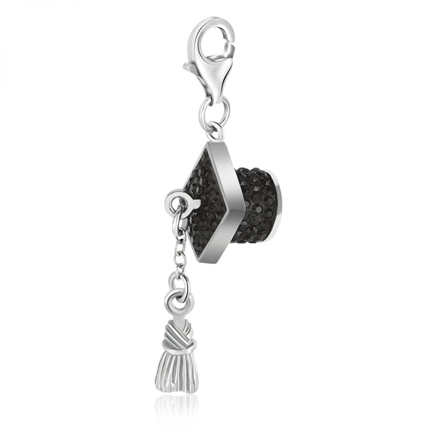 Sterling Silver Graduation Hat Charm with Black Tone Crystal Accents