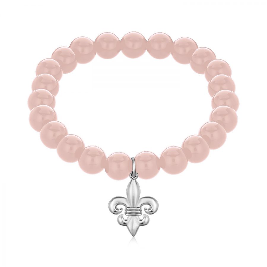 Sterling Silver Rose Quartz Stretchable Bead Bracelet with Fleur De Lis Charm