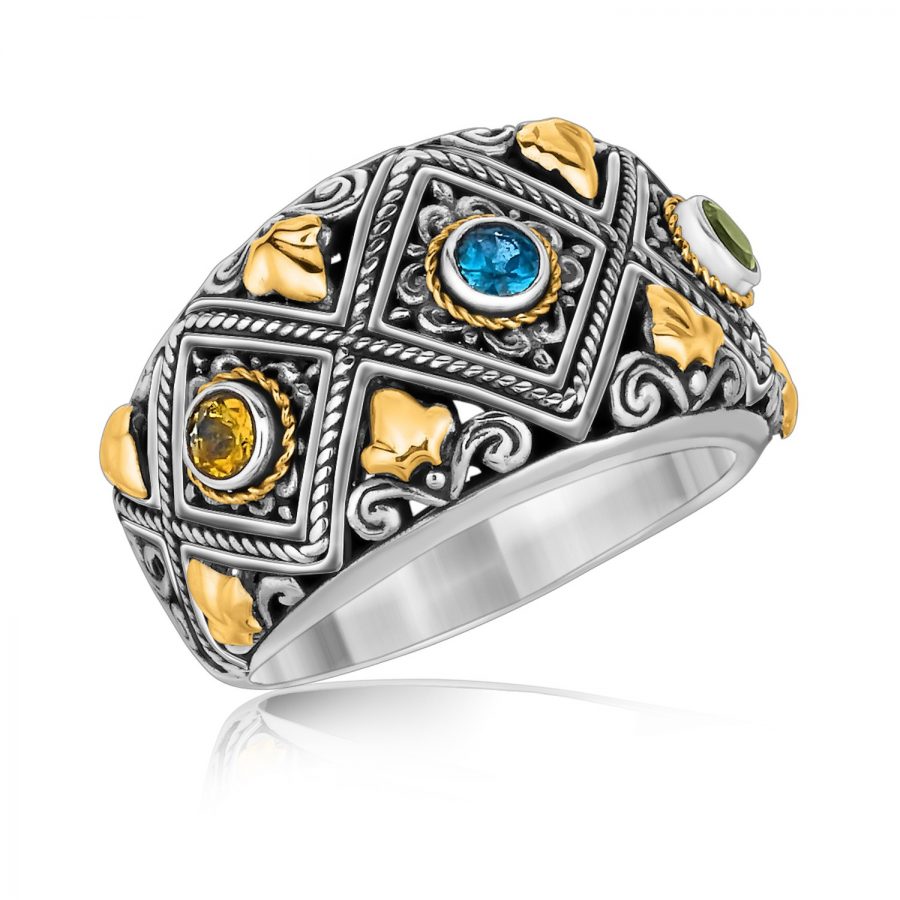 18K Yellow Gold and Sterling Silver Ornate Ring with Multi Gemstone Accents