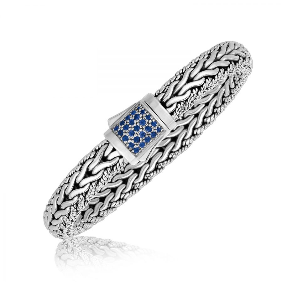 Sterling Silver Blue Sapphire Designed Braided Men's Bracelet
