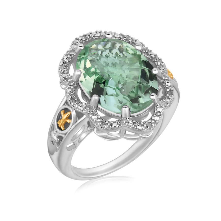 18K Yellow Gold and Sterling Silver Decorative Green Amethyst Ring (.03 ct. tw.)