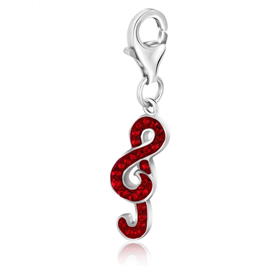 Sterling Silver Red Tone Crystal Studded Treble Clef Charm