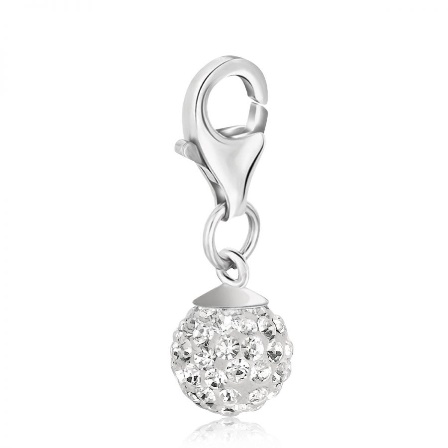 Sterling Silver White Tone Crystal Studded April Birthstone Round Charm