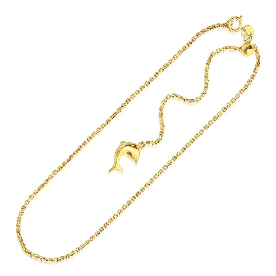 14K Yellow Gold Dolphin Accent Cable Link Adjustable Anklet