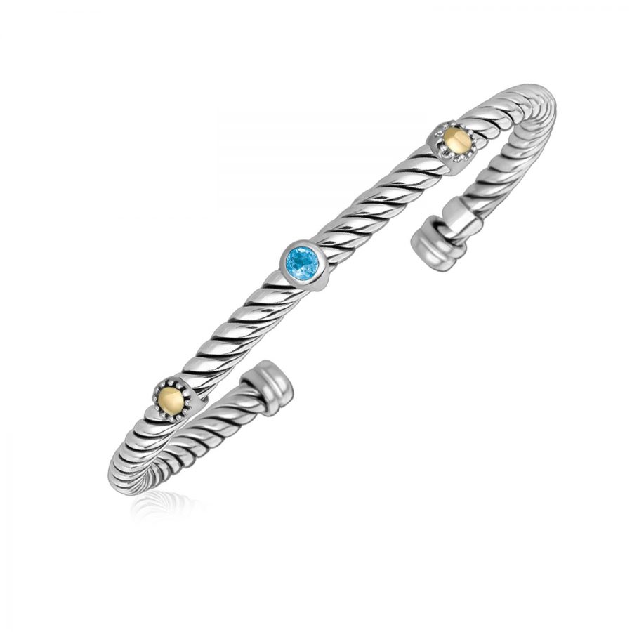 18K Yellow Gold and Sterling Silver Cuff Bangle with Blue Topaz Embellishments