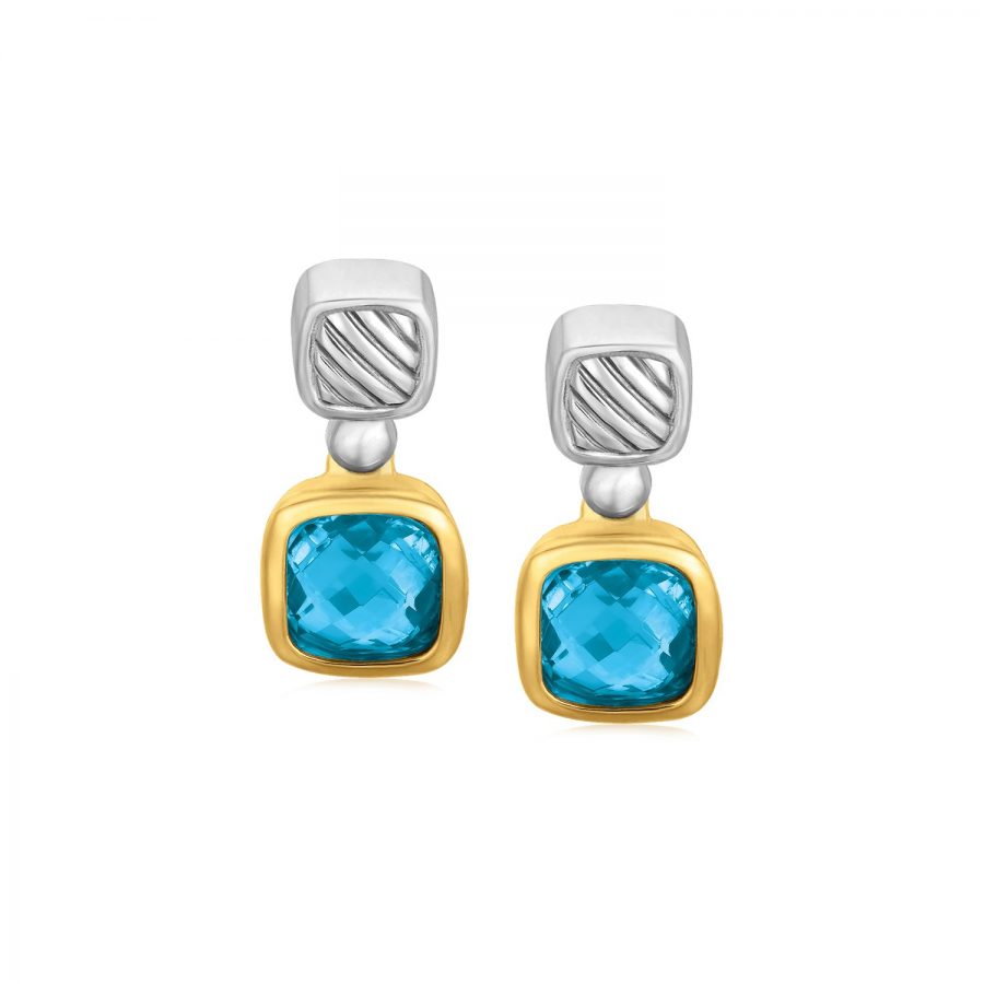 18K Yellow Gold and Sterling Silver Drop Earrings with Bezel Set Blue Topaz