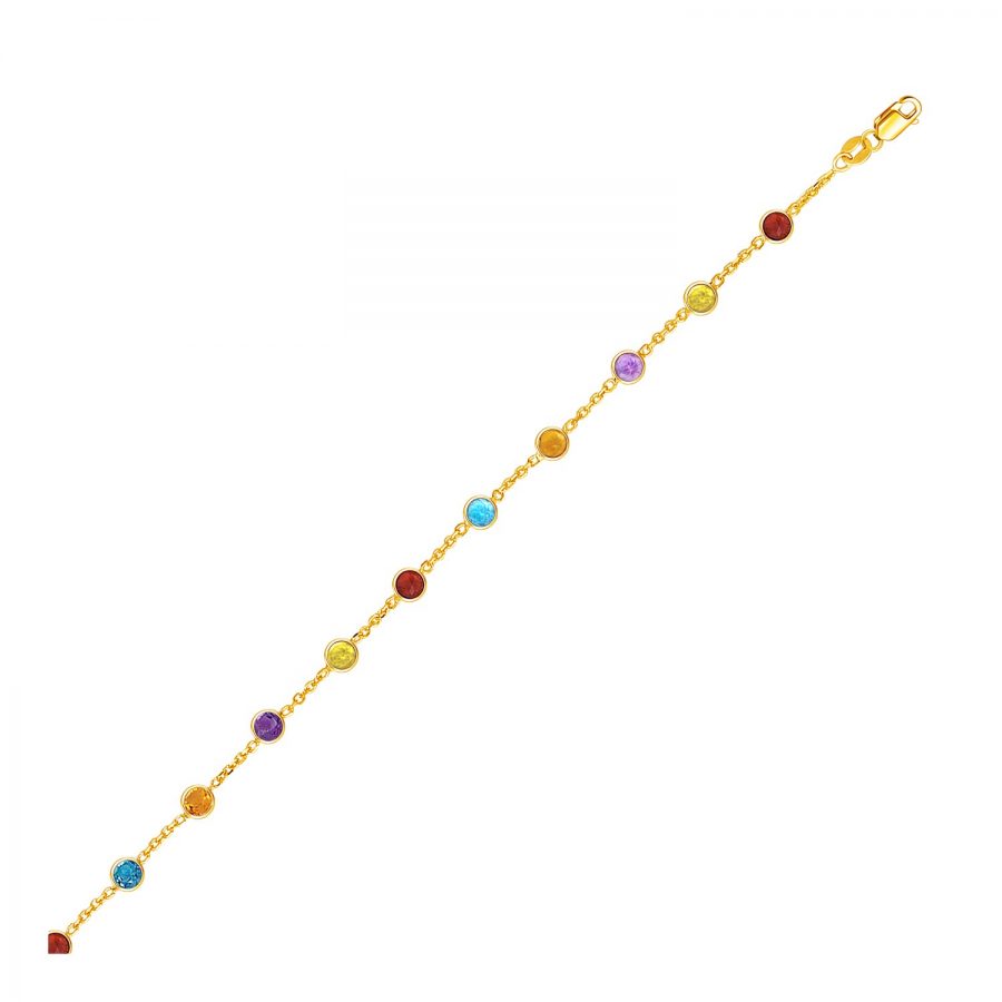 14K Yellow Gold Cable Anklet with Round Multi Tone Stations