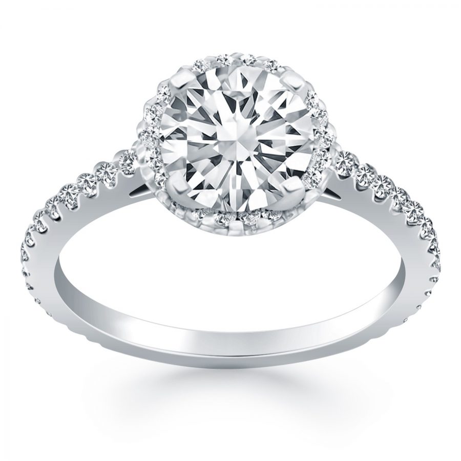 14K White Gold Diamond Halo Cathedral Engagement Ring with Accent Diamonds