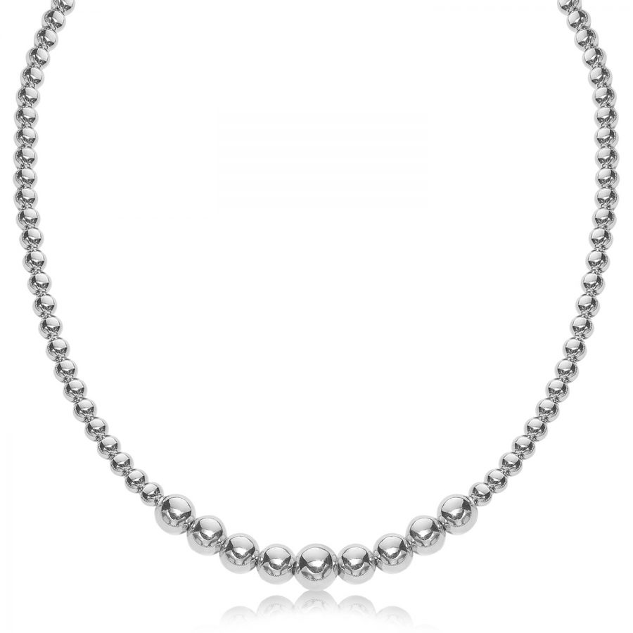 Sterling Silver Rhodium Plated Graduated Motif Polished Bead Necklace