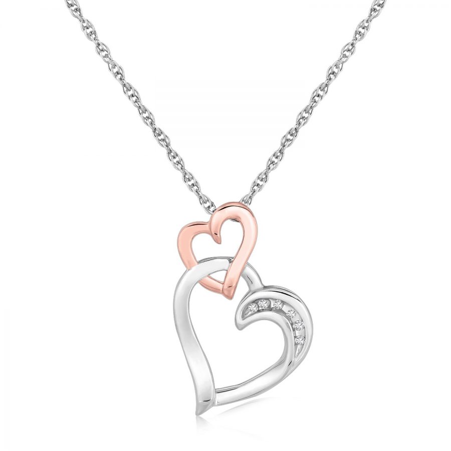 Sterling Silver Cascading Dual Heart Diamond Accented Pendant (.02 ct t.w.)