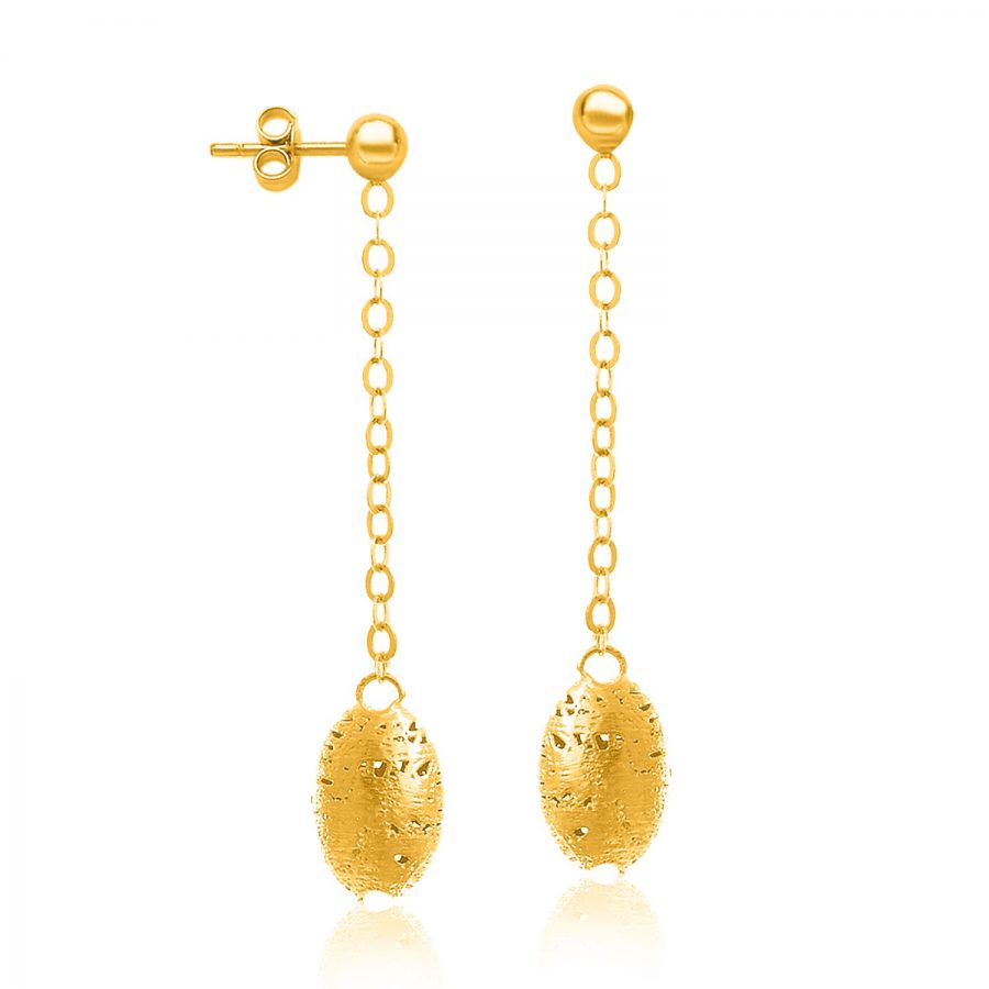 14K Yellow Gold Dangling Barrel Lace Wire Bead Earrings