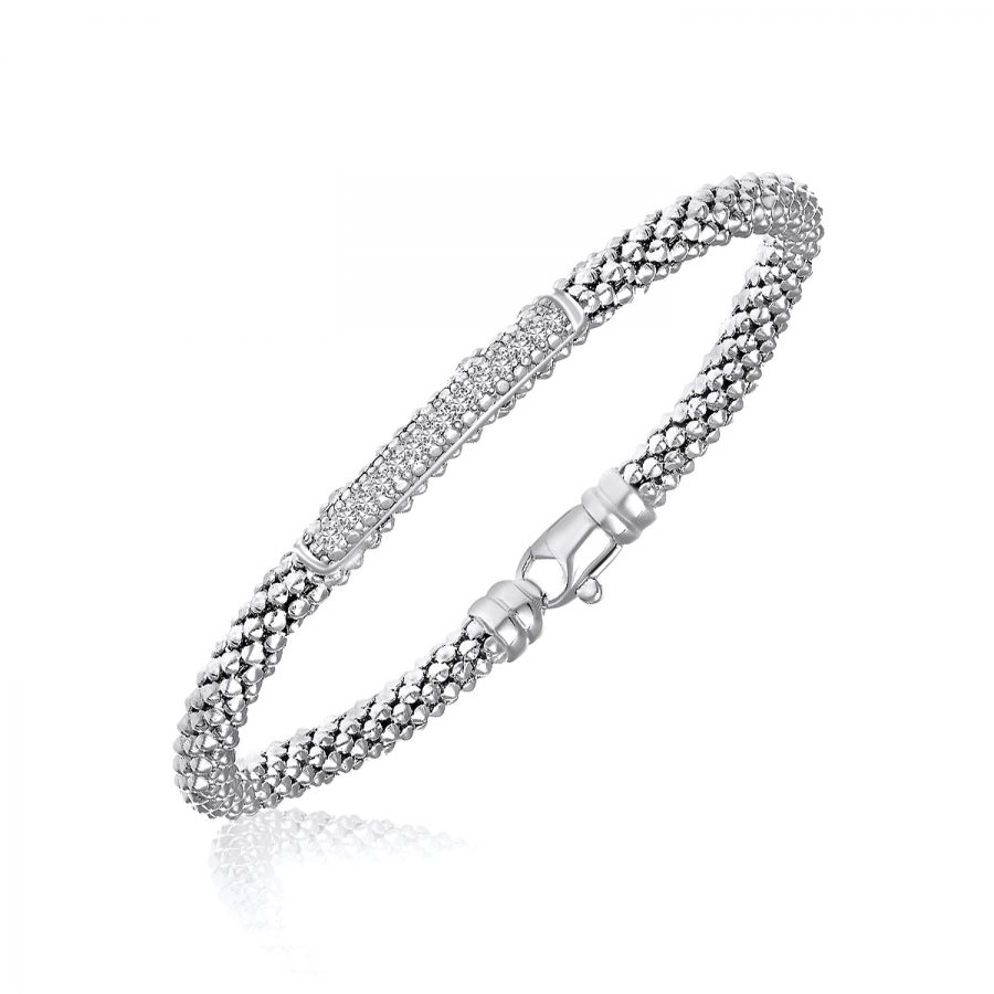 Sterling Silver Rhodium Finished Diamond Accented Popcorn Bangle (.14ct tw)