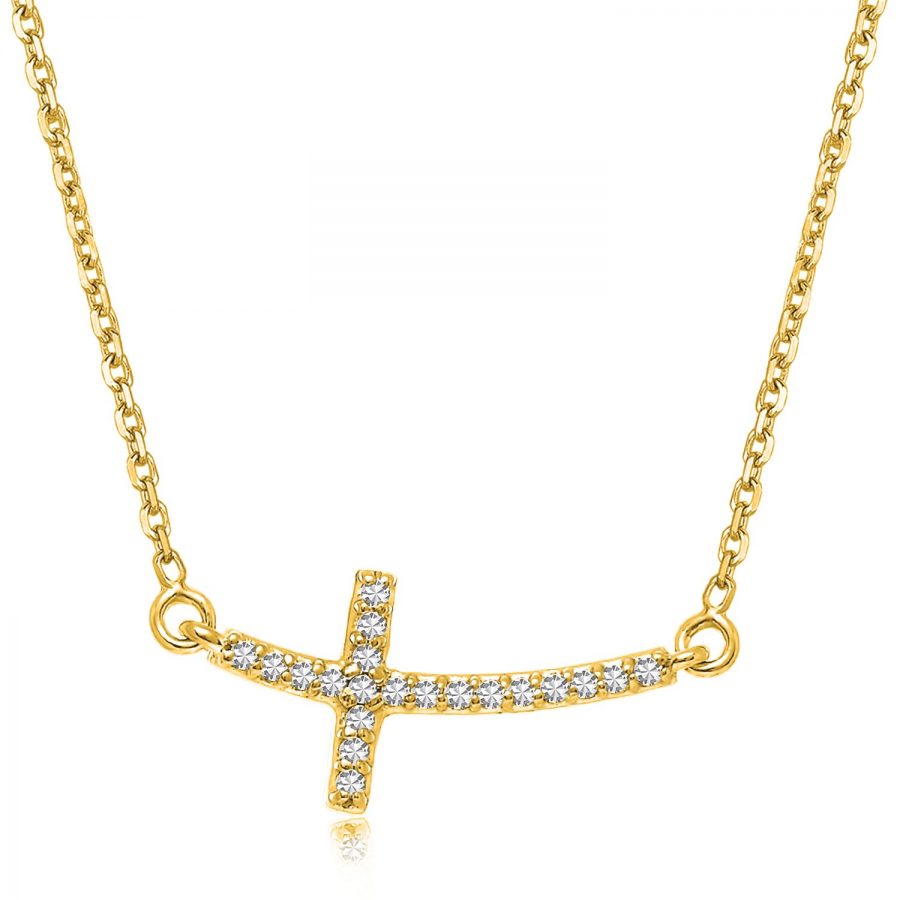 14K Yellow Gold Diamond Accented Curved Cross Necklace (.11ct tw)