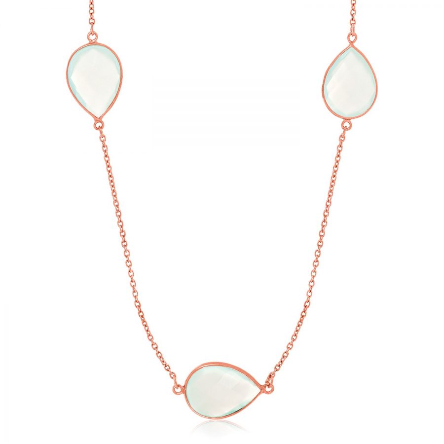 Sterling Silver Rose Gold Plated Teardrop Station Long Necklace with Aqua Chalcedony