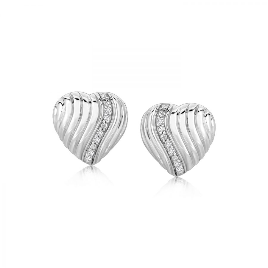 Sterling Silver Heart Diamond Embellished Wavy Rhodium Plated Earrings