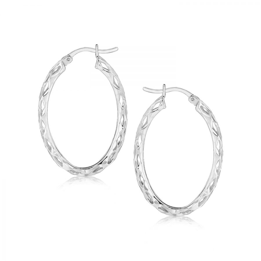 Sterling Silver Oval Woven Hoop Earrings with Rhodium Plating
