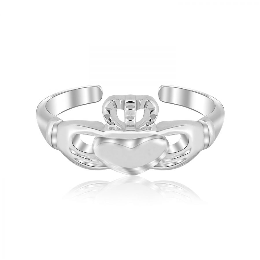 Sterling Silver Rhodium Finished Open Toe Ring with a Claddagh Design
