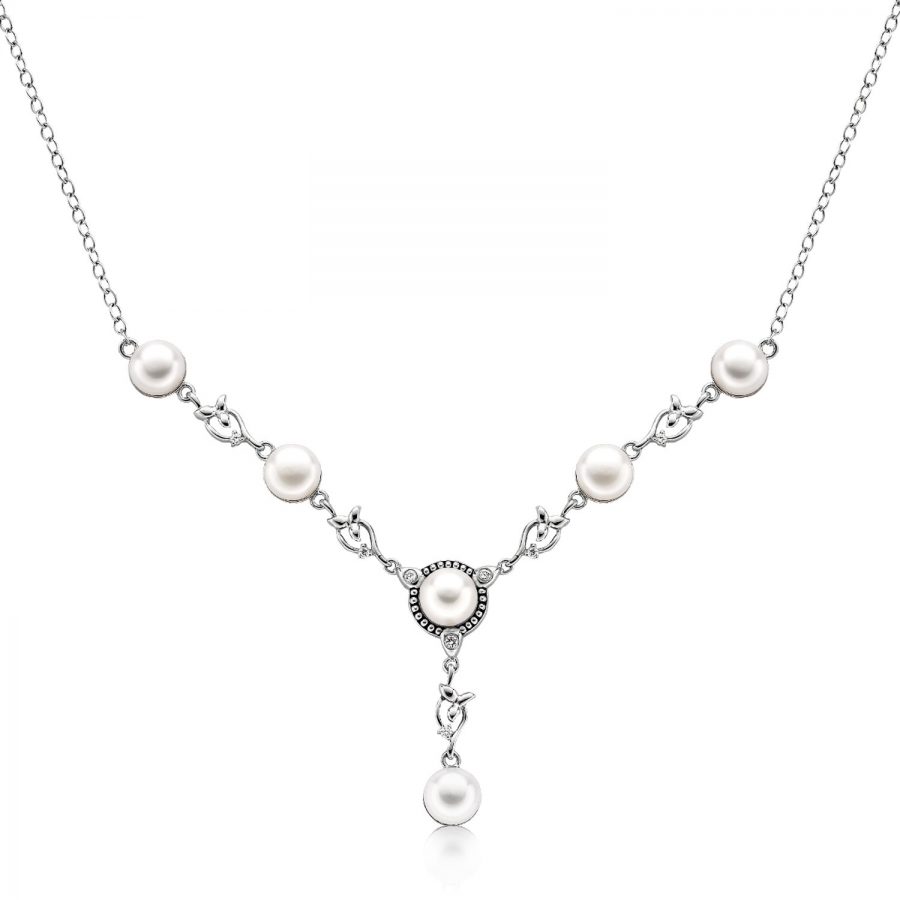Sterling Silver Drop Necklace with Leaf Elements & Pearl Accents