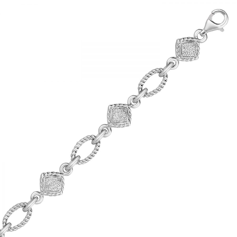 Sterling Silver Cable Oval and Square Link Bracelet with Diamonds (1/4 ct t.w.)