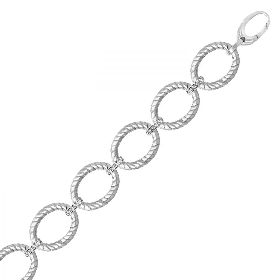 Sterling Silver Rhodium Finished Diamond Accented Cable Oval Bracelet (.20ct tw)
