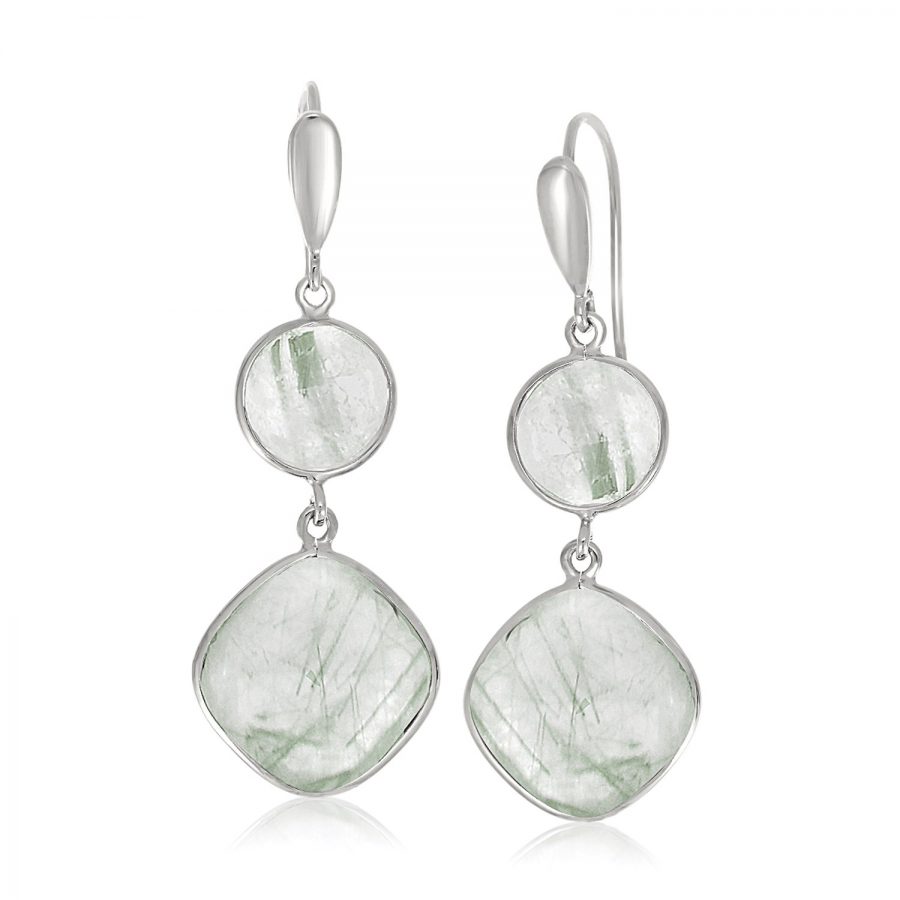 Sterling Silver Rhodium Plated Round and Cushion Green Rutilated Quartz Earrings