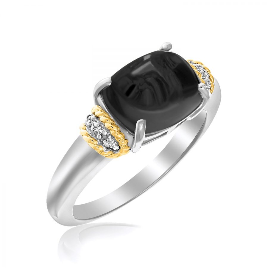 18K Yellow Gold & Sterling Silver Claw Set Oval Onyx Ring