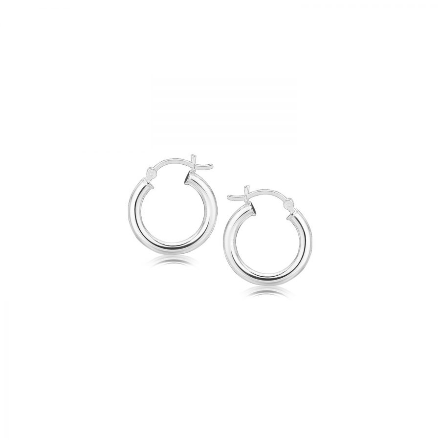 Sterling Silver Polished Hoop Style Earrings with Rhodium Plating (15mm)