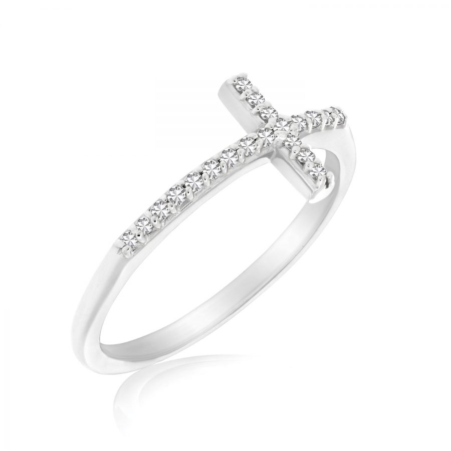 14K White Gold Cross Motif Ring with Diamond Accents (.11ct tw)