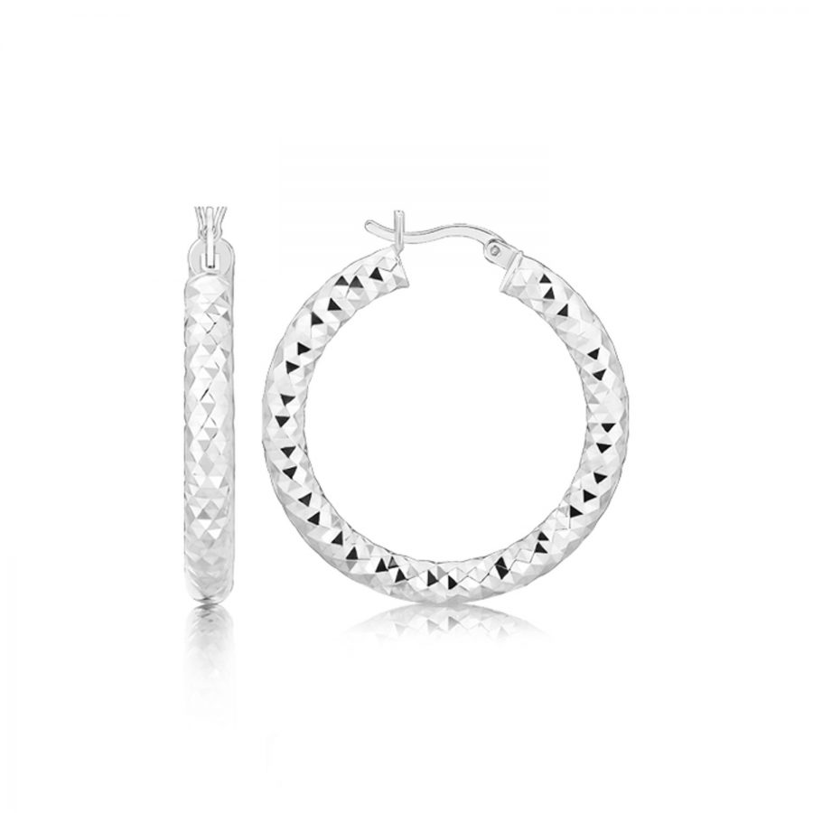 Sterling Silver Rhodium Plated Thick Faceted Style Hoop Earrings