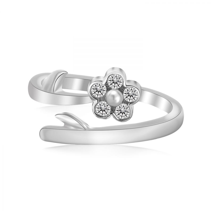 Sterling Silver Rhodium Plated Floral White Cubic Zirconia Accented Toe Ring
