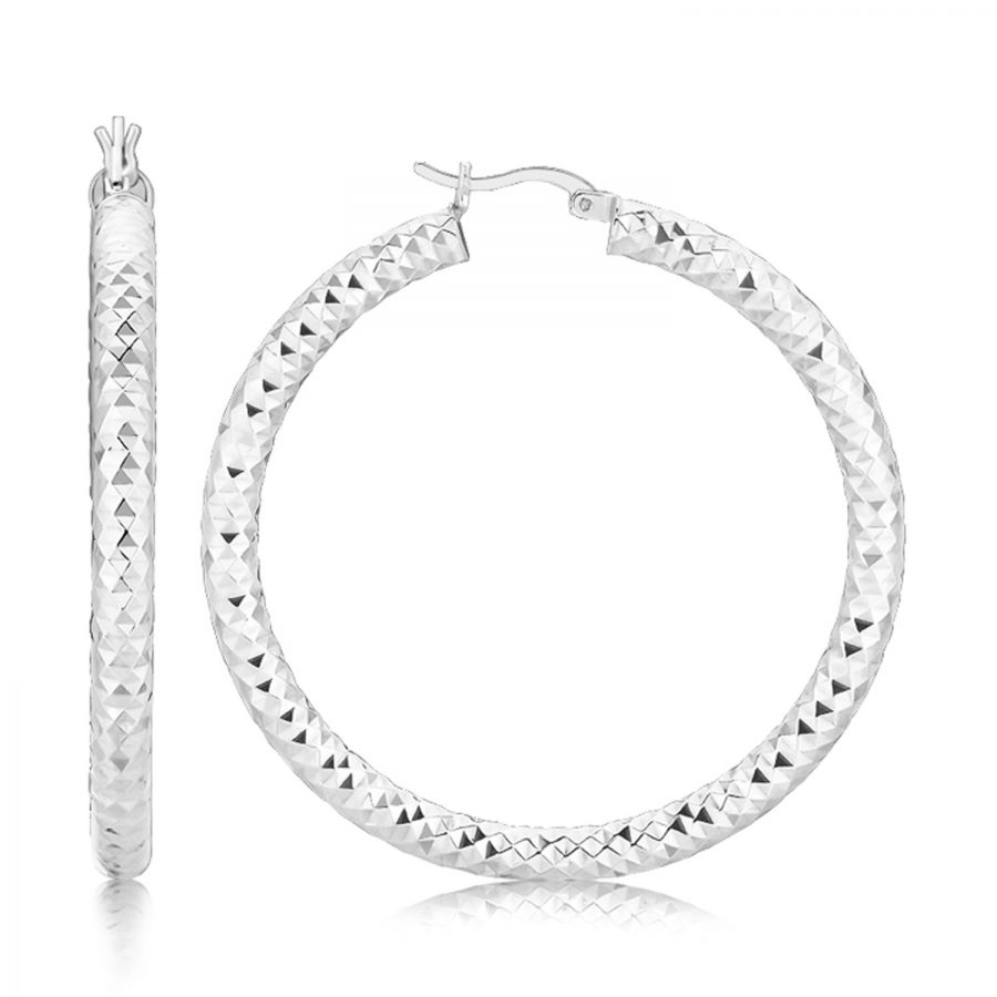 Sterling Silver Thick Faceted Large Hoop Earrings with Rhodium Plating