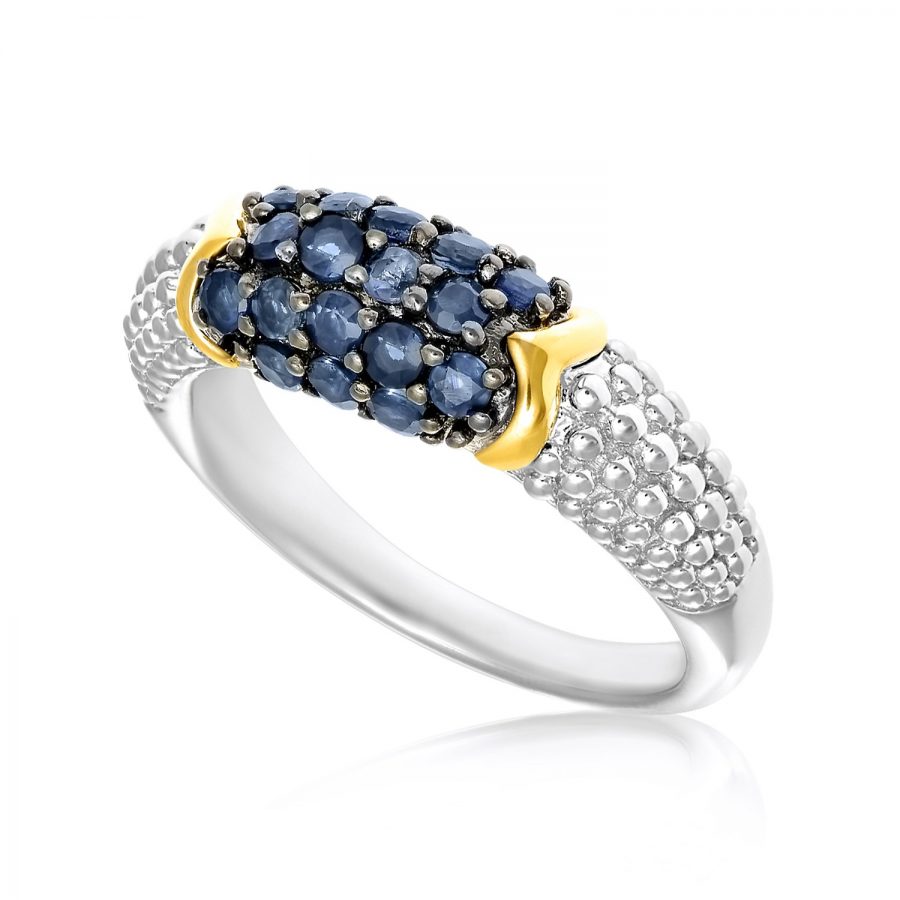 18K Yellow Gold & Sterling Silver Popcorn Motif Ring with Blue Sapphires