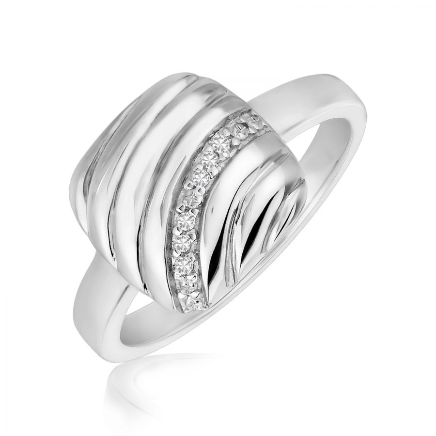 Sterling Silver Square Diamond Accented Wave Motif Rhodium Plated Ring