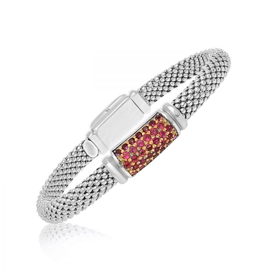 Sterling Silver Pink Tone Sapphire Accented Popcorn Bangle