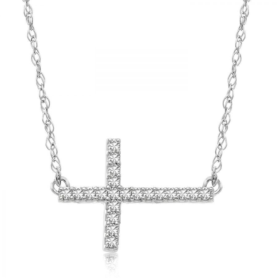 14K White Gold Slender Diamond Cross Necklace (.06ct tw)