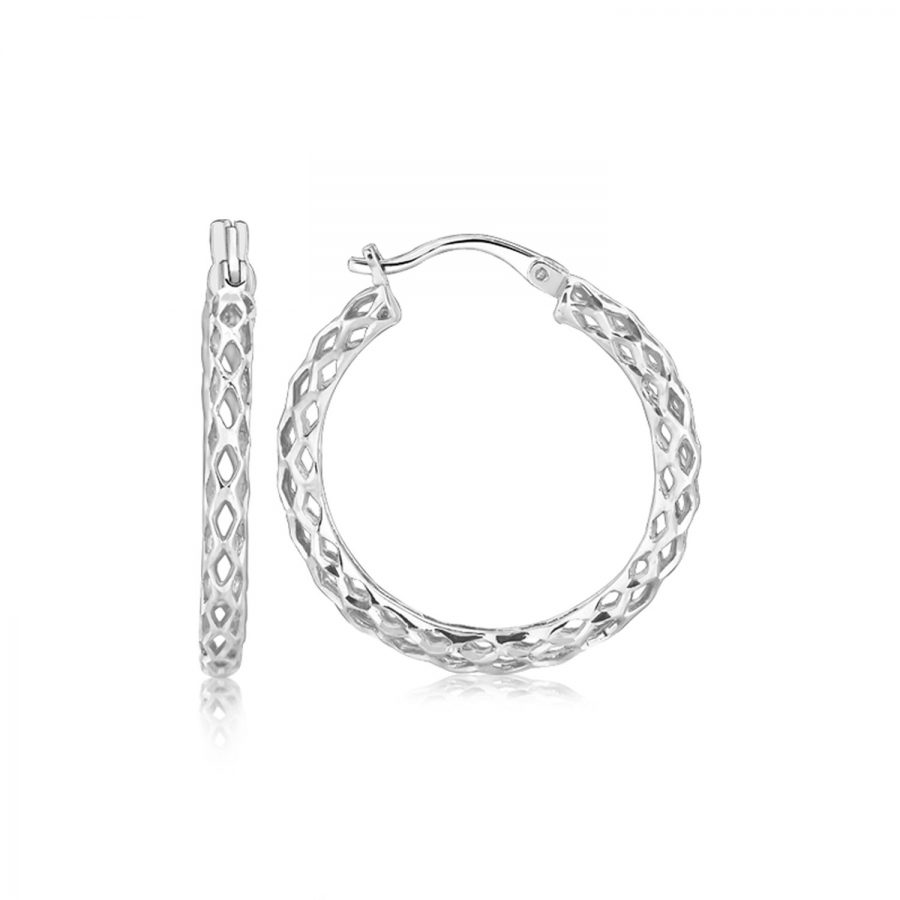Sterling Silver Woven Design Hoop Earrings with Rhodium Plating