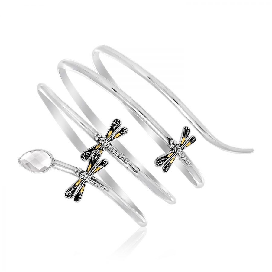 18K Yellow Gold & Sterling Silver Dragonfly Rock Crystal Wrap Around Bangle