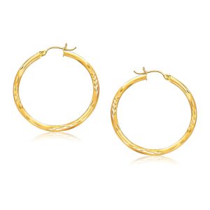 14K Yellow Gold Fancy Diamond Cut Hoop Earrings (35mm Diameter)