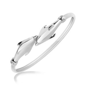 Sterling Silver Rhodium Plated Thin Bangle with Dolphin Accents